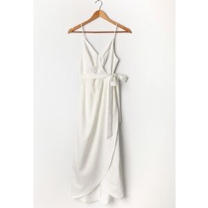Lulu's Joice White Satin Midi Dress Faux Wrap SMALL